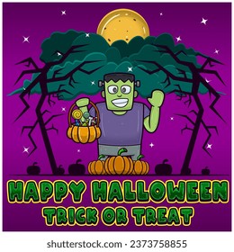 Green Zombie Holding Candy. Happy Halloween. Trick or Treat. Greeting Card, Invitation and Poster. Vectors and Illustrations.