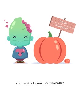 green zombie holding a heart and love in his hands next to a pumpkin.SHOTLISTspooky