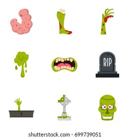 Green zombie icon set. Flat set of 9 green zombie vector icons for web isolated on white background