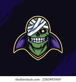 Green Zombie Mascot Logo Wrapped in Bandages and Purple Coat