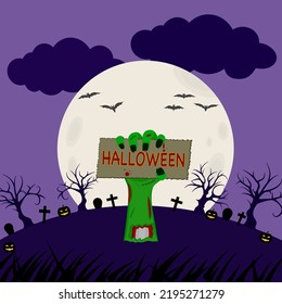 Green zombie monster hand hold HALLOWEEN sign card, spooky hand out of grave at cemetery graveyard with full moon at dark purple night. Happy Halloween vector illustration, Autumn holiday celebration.