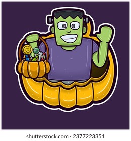 Green Zombie On Big Pumpkin Cartoon. Halloween Sticker Logo. Vectors and Illustrations.