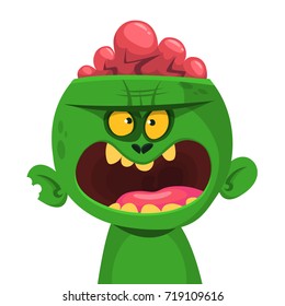 Green zombie with pink brains outside of the head. Halloween character. Vector illustration