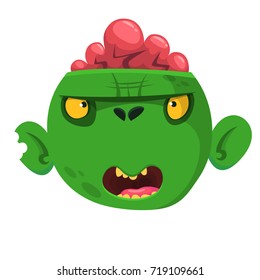 Green zombie with pink brains outside of the head. Halloween character. Vector illustration
