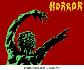 Green zombie reach out. Vector illustration. Genre of horror. Scary angry character for Halloween.
