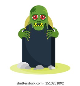Green zombie with red eyes peeps out from behind a gravestone. The living dead. Halloween character. Flat vector cartoon person on white background.