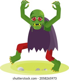 Green zombie with red eyes stomping with raised hands. The living dead. Halloween character. Flat vector cartoon person on white background.