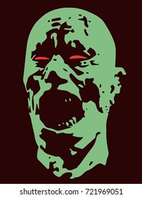 Green zombie screams head. Vector illustration. Scary character face. The horror genre.