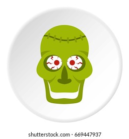 Green zombie skull icon in flat circle isolated on white background vector illustration for web