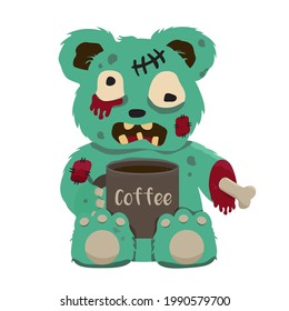 Green Zombie Teddy Bear the limbs. with a cup of black coffee. Vector clip art illustration. 