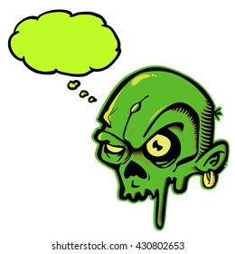 green zombie with thought bubble cartoon