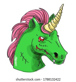 Green Zombie Unicorn Head Vector Isolated. Halloween Hand Drawn Animal. Creepy Horror Horse Character. Dead Unicorn With Pink Hair.