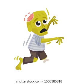 Green zombie is walking on one leg. Vector illustration on a white background.