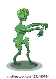 Green Zombie Walking, Vector Illustration isolated on White Background. 