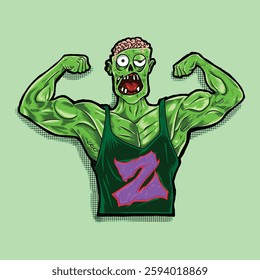 green zombie wearing gym shirt showing muscle