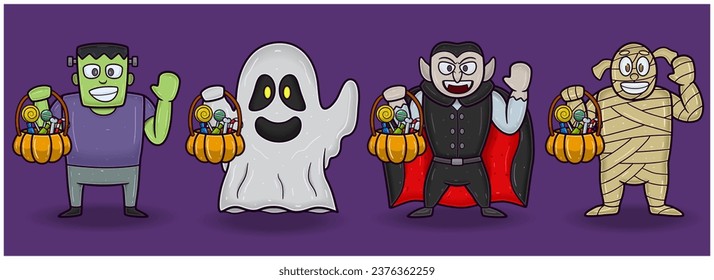 Green Zombie, White Ghost, Dracula, and Mummy. Halloween Set Mascot Characters. Vectors and Illustrations.