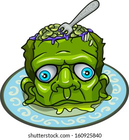 Green zombie's head with brains. Isolated on white background.