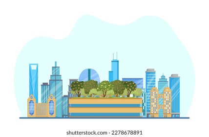 Green zone in big city vector illustration. Garden with fruit trees in middle of megapolis on white background. Urban farm produce, local market, ecology, gardening, healthy food concept