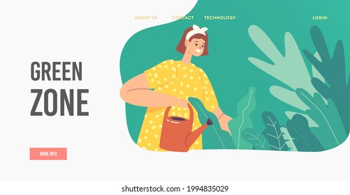 Plantilla de la página de aterrizaje de zona verde. Plantilla de página de inicio. Carácter femenino cuidado del jardín. Jardinería Urbana, Construcción De Tejados Verdes. Jardiner Plantando Semillas. Ilustración del vector de dibujos animados
