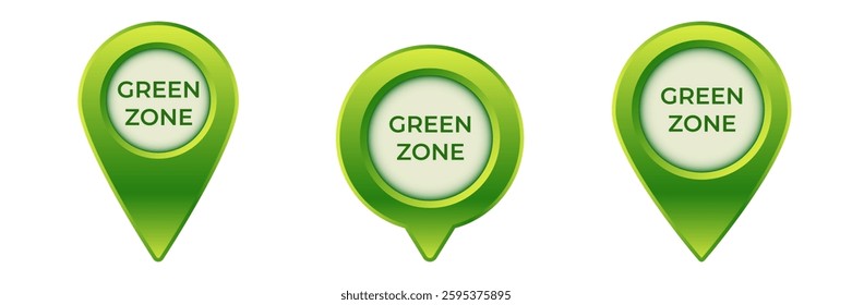 Green zone map pins vary in shades and design, featuring circular centers and pointed tips.