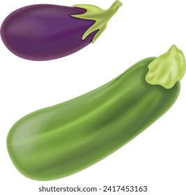 green zucchini and eggplant vegetables 3D. Icons 3d realistic render vector object. food, vegetable, eggplant, ingredient, food, zucchini, vitamin, vegetarian