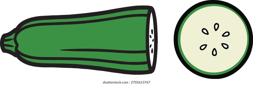 Se muestra un calabacín verde cortado por la mitad revelando semillas y una rodaja redonda con semillas.
