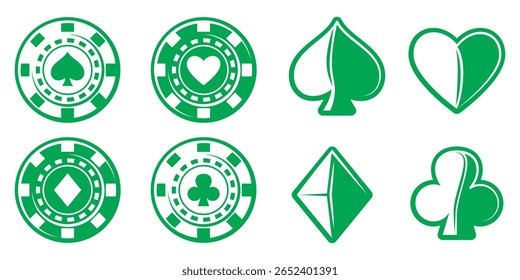 As fichas de pôquer de estilo verde e branco e suas variedades apresentam os símbolos clássicos de corações, espadas, diamantes e paus em um fundo branco limpo.