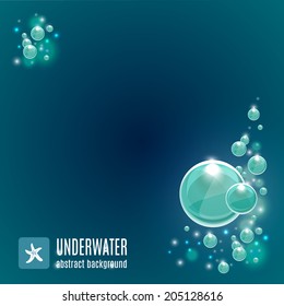 Green-blue abstract background with shiny bubbles under water 