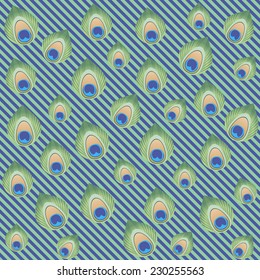 Green-blue decorative peacock feathers seamless pattern background. Retro style.