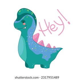  Green-Blue dino with spots kids pattern. Words Hey, vector illustration.