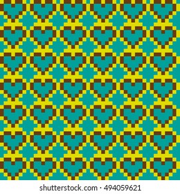 Green-blue heart seamless stitching pattern on a yellow background. Bright pixel art pattern. Vector illustration