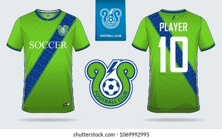 Green-Blue Soccer jersey, football kit, t-shirt sport, template design for sport club. Football t-shirt mock up. Front and back view soccer uniform. Flat football logo on blue label. Vector. 