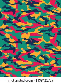 Patrón de camuflaje verde, azul, amarillo y rojo. Fondo transparente.Diseño abstracto del ejército.Ilustración vectorial.