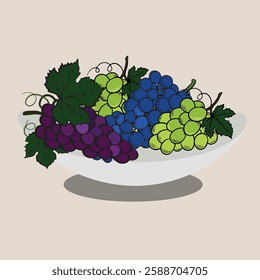 Green,Blue,purple grapes in white bowl isolated on off white background. Vector flat icon of fresh ripe berry.
