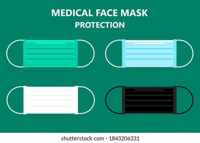 Green,Blue,White,Black surgical face mask. Avoid covid-19 virus. Germ prevention concept. Vector illustration.