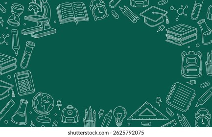 Greenboard with doodles frame. School chalkboard with educational hand drawn elements. Vector illustration