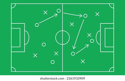 Greenboard with football game strategy. Diagram with arrows and players on board. Sport concept. Vector illustration
