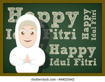 Greenboard Vector illustration of Eid Mubarak ( Blessing for Eid) with cartoon character