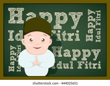 Greenboard Vector illustration of Eid Mubarak ( Blessing for Eid) with cartoon character