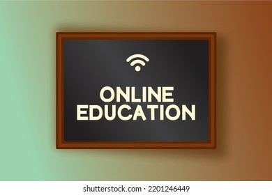 Green-brown wall, gradient. A chalk board in a wooden frame hangs on the wall. The inscription "Online Education." An authentic illustration on the theme of the school. Retro 3d illustration. Students
