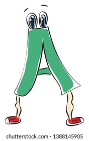 A green-colored alphabetic creature or figurine  representing the alphabet A has two eyes and is in its stylish red shoes with eye-catching designs  vector  color drawing or illustration