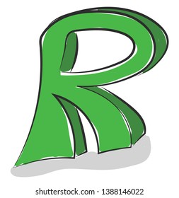 A green-colored figurine represents the alphabet R and its shadow cast on the surface as it stands upright  vector  color drawing or illustration