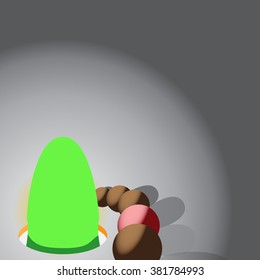 Green-colored pillar around which the brown balls and one of them red.