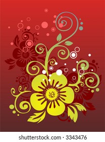 The green-dark blue stylized flower on a red background.