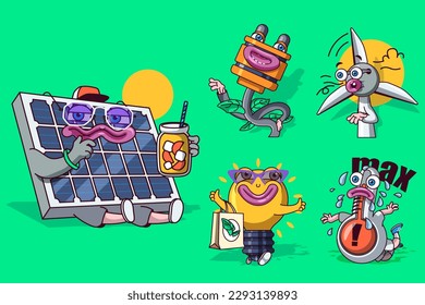 Greene energy concept with 3d cute cartoon characters set. Funny avatars of solar panel, plug for socket, wind turbine, eco light bulb, hot thermometer. Vector illustration with comic mascots design
