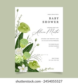 Greenery Baby Shower Invitation Card with Beautiful Anthurium Flower, Lotus Fruits, Rose and Magnolia Flowers