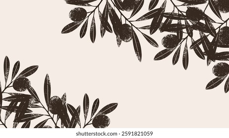 Greenery background with olive tree branches. Olive tree leaves and berries