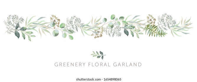Greenery Border Of Green Leaves, Fern, White Background. Wedding Invitation Banner. Vector Illustration. Floral Garland Arrangement. Design Template Greeting Card