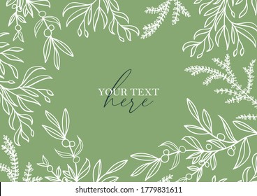 Greenery border, Leaf Frame and Laurel Wreath with berries. Elegant floral background. Promotion square web banner for social media mobile apps. Editable template for social networks posts. Outline.