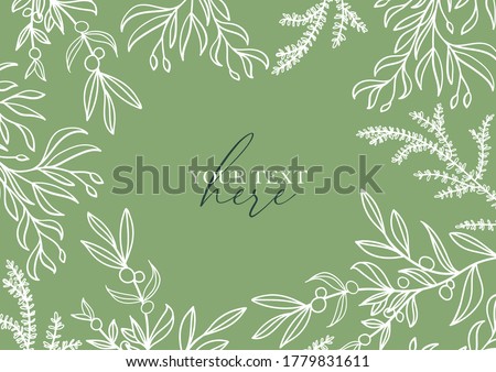 Greenery border, Leaf Frame and Laurel Wreath with berries. Elegant floral background. Promotion square web banner for social media mobile apps. Editable template for social networks posts. Outline.